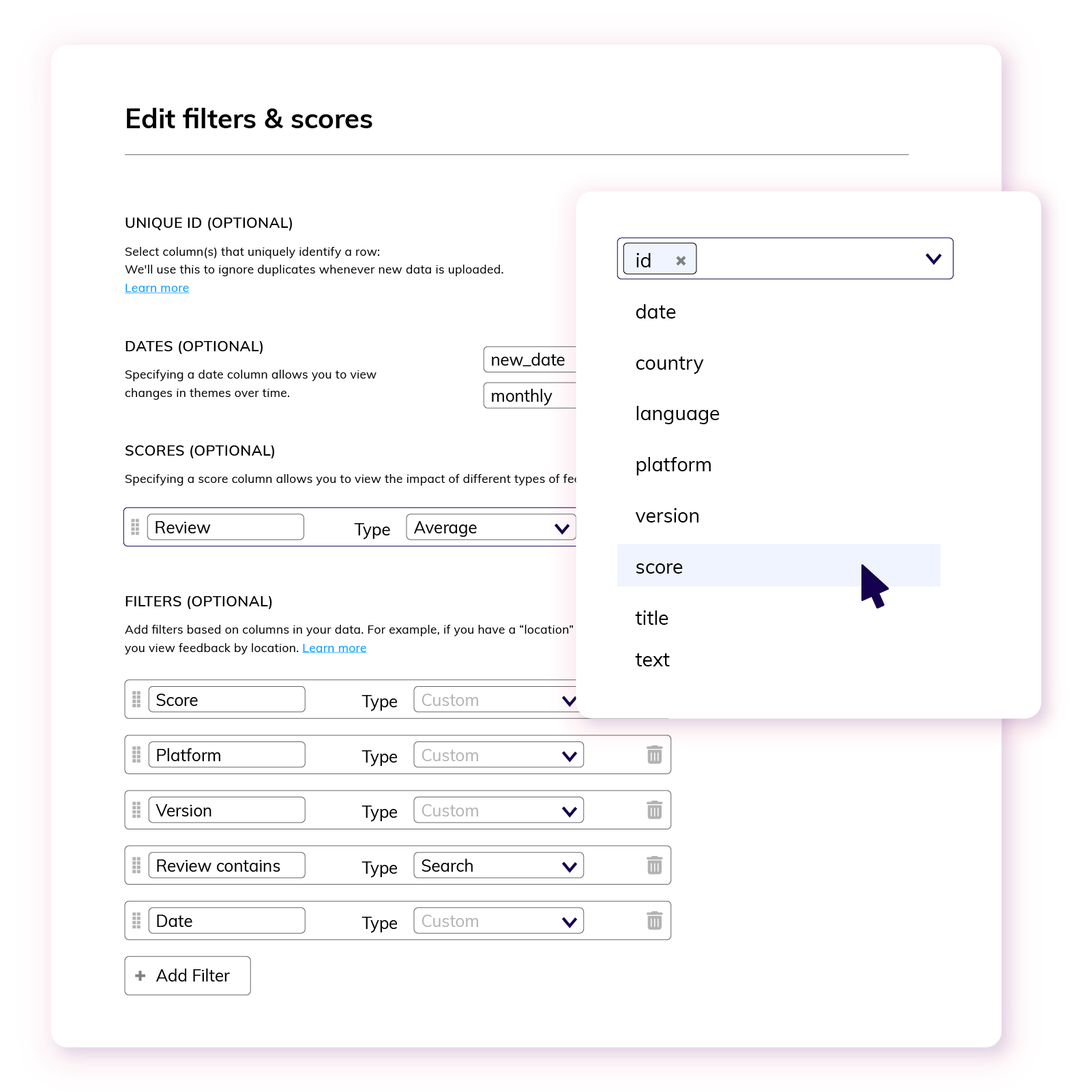Thematic data filtering interface