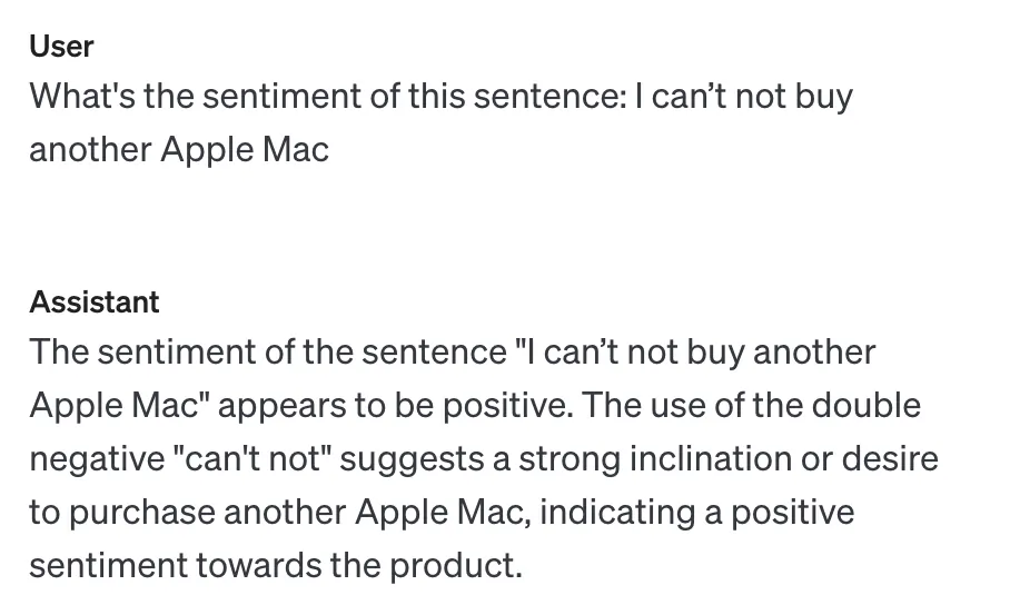 Example of negation handling in sentiment analysis